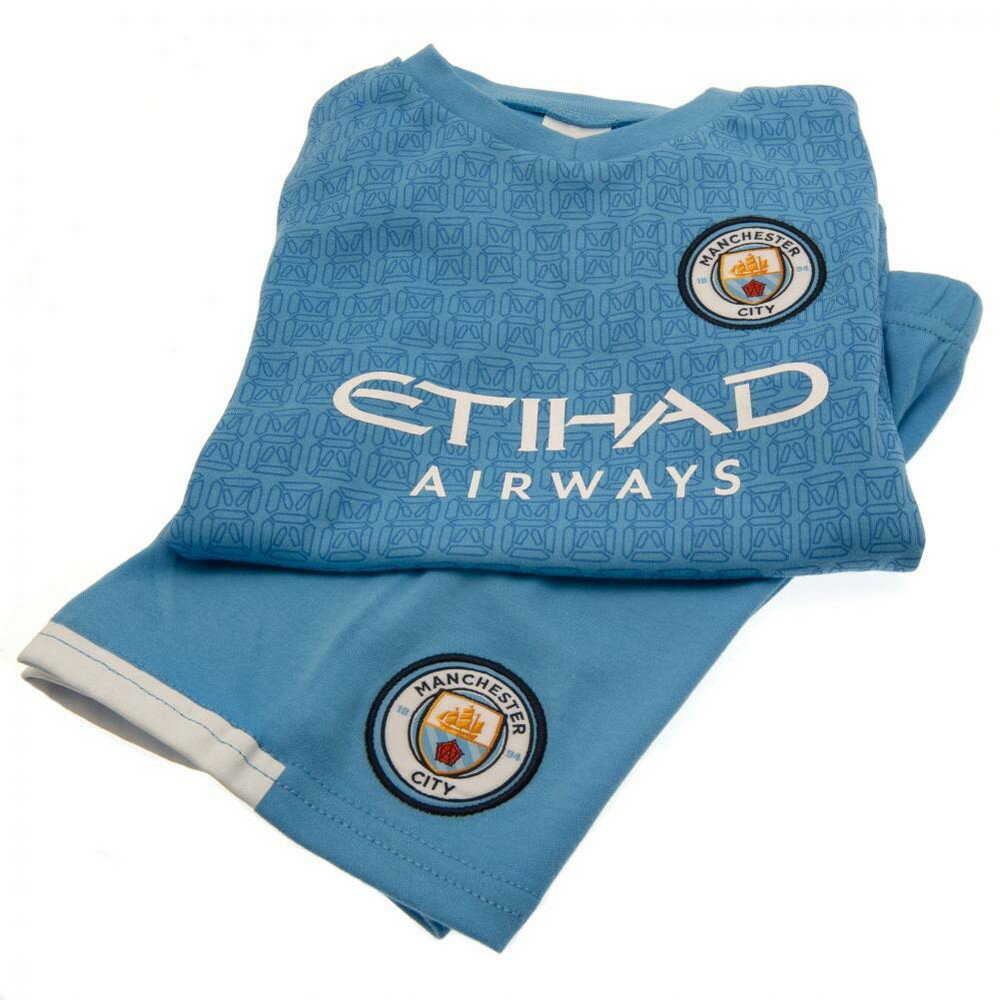 マンチェスター・シティ フットボールクラブ Manchester City FC オフィシャル商品 ベビー・赤ちゃん クレスト 半袖 Tシャツ 半ズボン 上下セット 【海外通販】