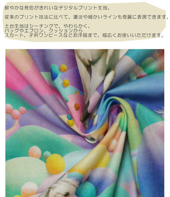 ≪在庫限り処分品！≫108cm巾【10cm単位】国産 デジタルプリント“レインボー ペガサス”コットンシーチング(8002-1)【動物柄 生地】【布】【生地】