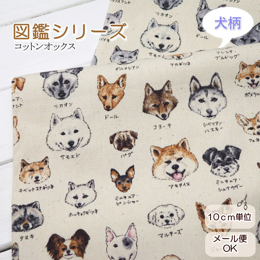 生地 犬柄 108cm巾 コットンオックス ≪犬のお顔図鑑≫(61000)図鑑シリーズ イヌ柄 布地 生地【10cm単位】 手芸 ハンドメイド 可愛い 生地 バッグ エプロン わんちゃん 日本製