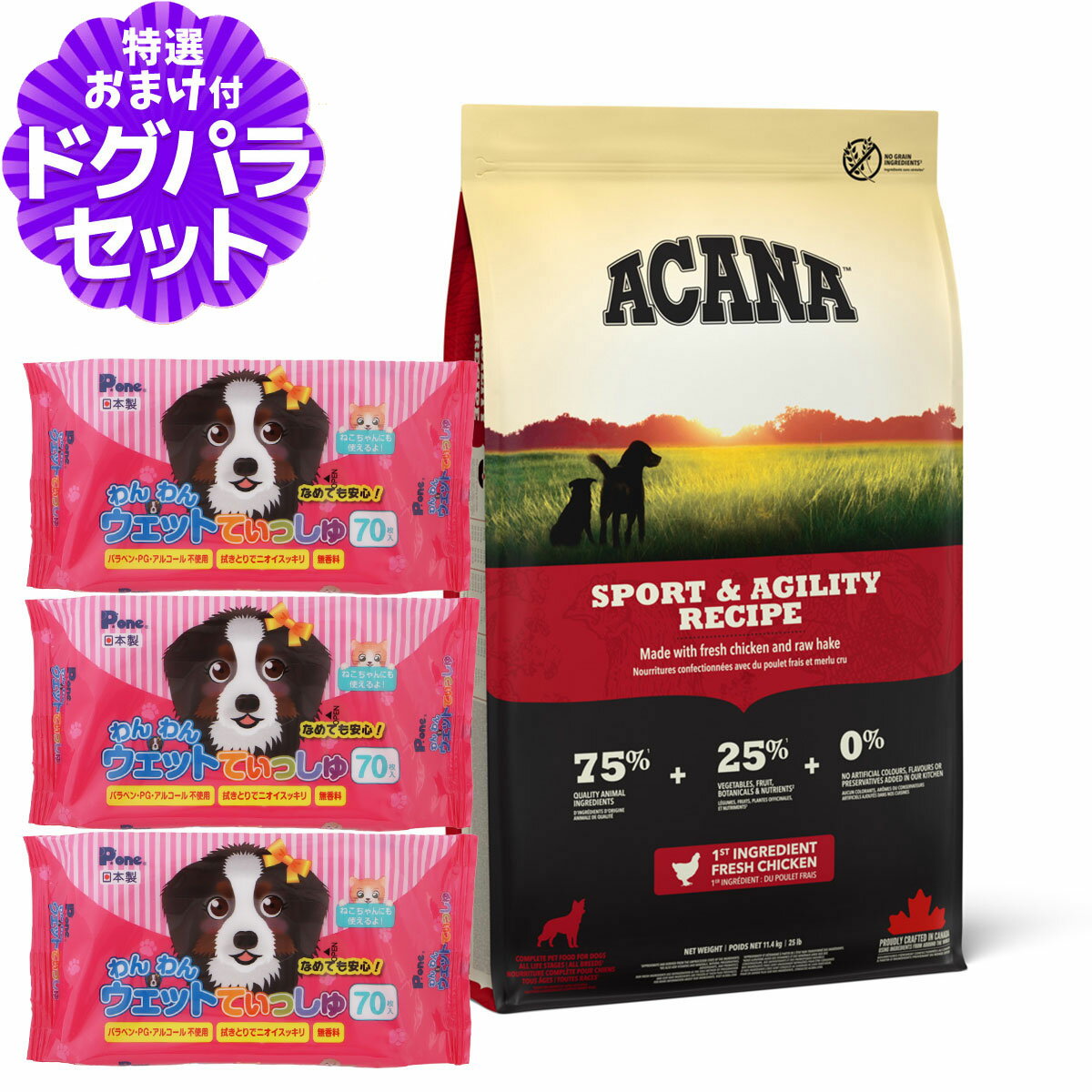 アカナ スポーツ＆アジリティレシピ 11.4kg+わんわんウエットてぃっしゅ 3個
