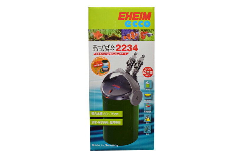 種名 エーハイム　エコ コンフォート2234エーハイムコード 2234330適合水槽(目安) 60〜75水槽（約57〜114?）定格周波数 50/60Hz共通定格電圧 AC100V定格消費電力 50Hz　6W60Hz　8W1ヶ月あたりの電気代　※1 50Hz　約117円60Hz　約156円最大流量 50Hz　500L/h60Hz　550L/h最大揚程 50Hz　1.0m60Hz　1.3mろ過槽容量 約4.0Lろ材容量 約2.4?(ろ材コンテナ約0.8?×3個)本体寸法（外寸） 約(D)205×(H)370mm※開閉タップ含む本体重量　※2 約1.8kg電源コード長 約1.7mホース径 吸・排水　Φ12/16mm付属ろ材 フィルターパッド各種(細目×1枚、粗目×1枚、活性炭×1枚)、サブストラットプロ適用 淡水・海水両用、屋内専用