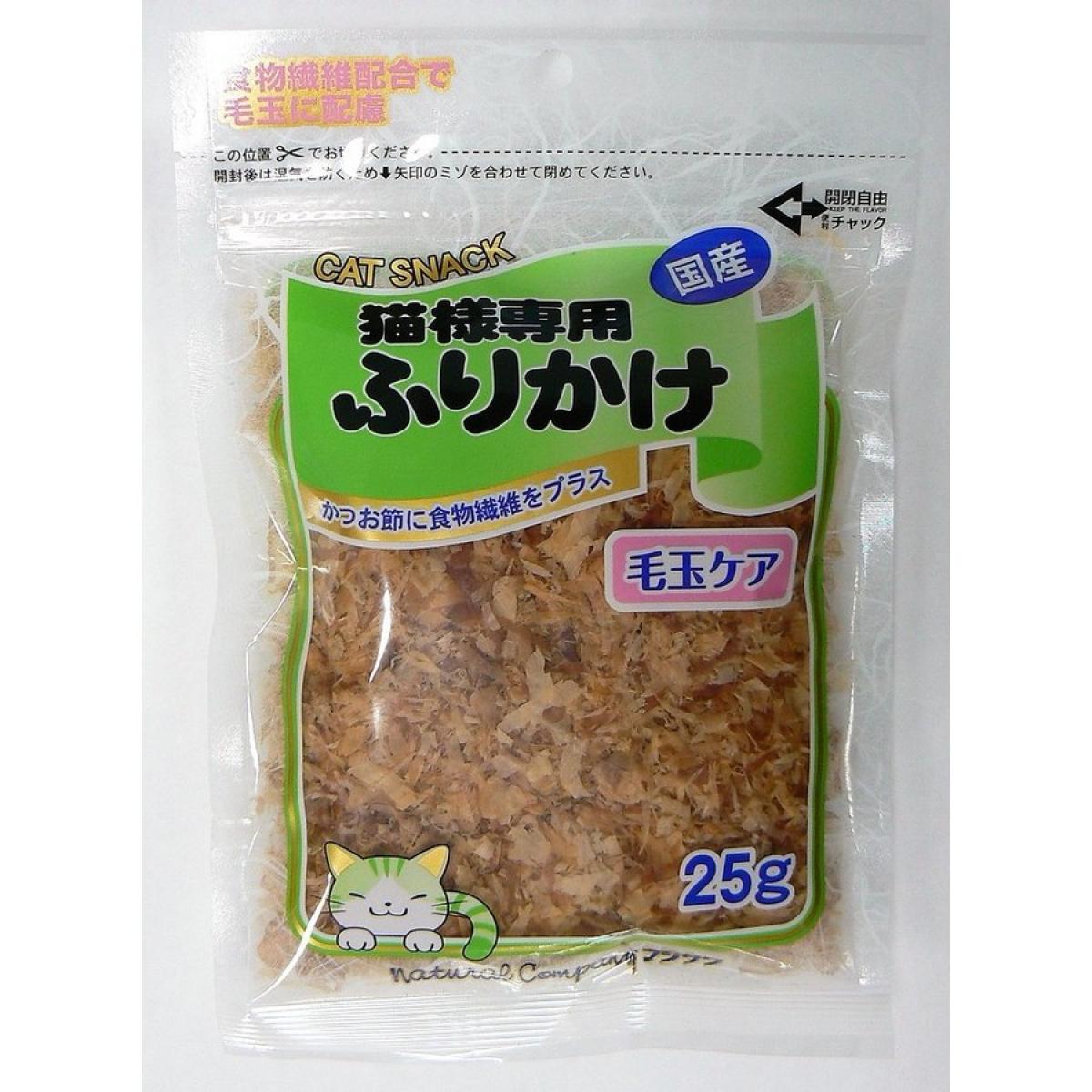 香り高いかつお節を削り上げ、毛づくろい等で飲み込んでしまった毛の排泄を助けるために食物繊維を配合しました。 規格：25g　サイズ：W150×H220×D40（mm）