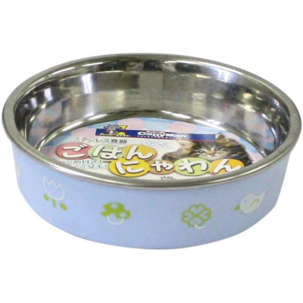 ドギーマン ステンレス 食器 ごはんにゃわん 猫用 ブルー ねこ 滑りにくい すべり止めゴム付 かわいい