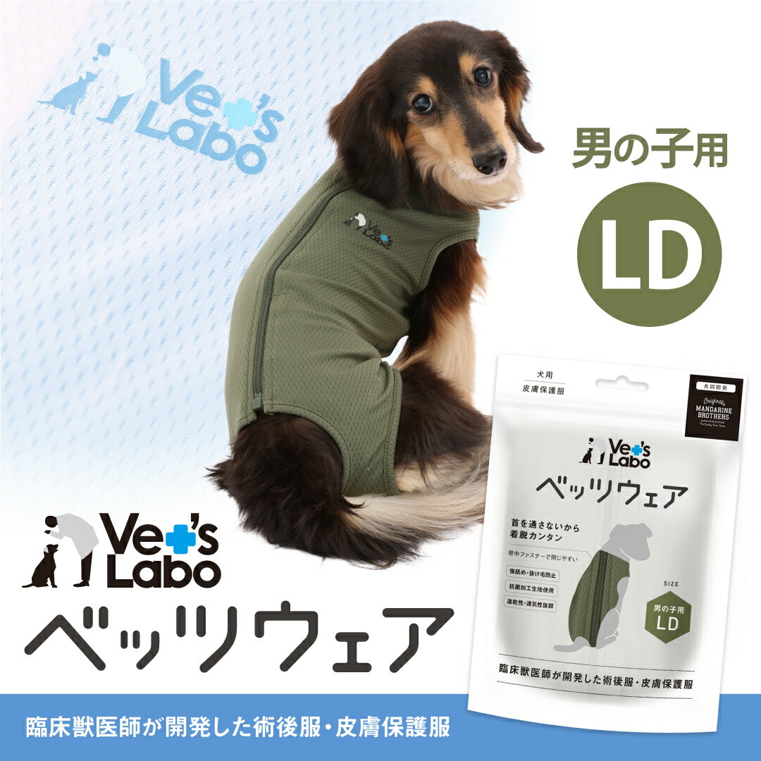 つなぎ 公式【2着までメール便配送可】犬用 ベッツウェア 男の子用 カーキ LD 【Vet's Labo】犬用 皮膚保護服 術後服 術後衣 洋服 ウェア 速乾性 伸縮性 メッシュ素材 傷舐め 引っかき 抜け毛 防止 [F]