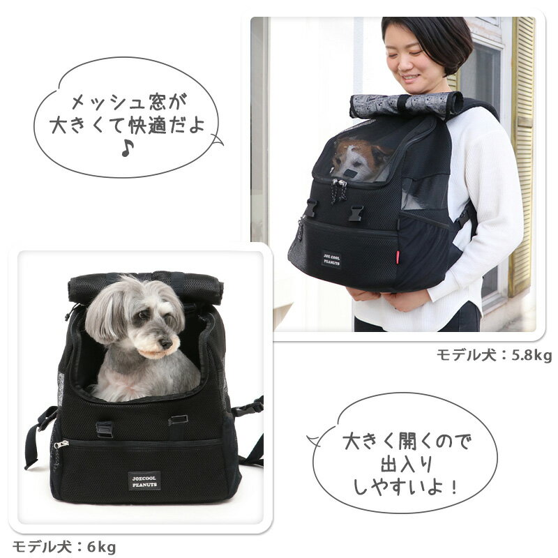 犬 リュック キャリーバッグ スヌーピー ハグ＆リュック メッシュ 黒 ブラック 【小型犬】 | 送料無料 抱っこ キャリーリュック キャリーバック おしゃれ かわいい グッズ キャラクター 猫 夏用 涼しい 通気性 メッシュ窓