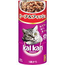 【1歳からの成猫用／猫用総合栄養食／3缶パック】 2種類のフレーク、白身と血合いの絶品バランス。厳選されたまぐろのおいしさひときわ。1歳からの猫に必要な栄養素がバランスよく含まれています。 ■原材料：魚類（かつお等）、ビーフ、植物性油脂、糖類、卵白、ビタミン類（A、B1、B2、B6、B12、E、K、コリン、ナイアシン、葉酸）、ミネラル類（Ca、Cl、Cu、F、L、K、Mn、Na、P、Zn）、タウリン、増粘多糖類、増粘安定剤（加工でん粉）、EDTA-Ca・Na　■成分：たんぱく質12.0％以上、脂質1.5％以上、粗繊維1.0％以下、灰分3.0％以下、水分85.0％以下　■カロリー：155kcal/160g　■原産国：タイ　■内容量：160g×3缶 ※パッケージ及び内容等は予告なく変更となる場合があります。 ・マース カルカン ハンディ缶 160g×3缶 シリーズ一覧はこちらから⇒ [キーワード]4902397834601.422マース　カルカン　ハンディ缶　猫缶　トール缶　3缶パック　3P　ウェットフード　キャットフード　ねこの餌　ご飯　食事　cat　愛猫　子猫　成猫　高齢猫　キトン　アダルト　シニア　にゃんこ　ペット用品　猫用品　総合栄養食　お買い得〜　マース カルカン ハンディ缶 1歳から ビーフ＆フィッシュ 160g×3缶　〜 2種類のフレーク、白身と血合いの絶品バランス。厳選されたまぐろのおいしさひときわ。1歳からの猫に必要な栄養素がバランスよく含まれています。総合栄養食。 ※パッケージ及び内容等は予告なく変更となる場合があります。 ・マース カルカン ハンディ缶 160g×3缶 シリーズ一覧はこちらから⇒