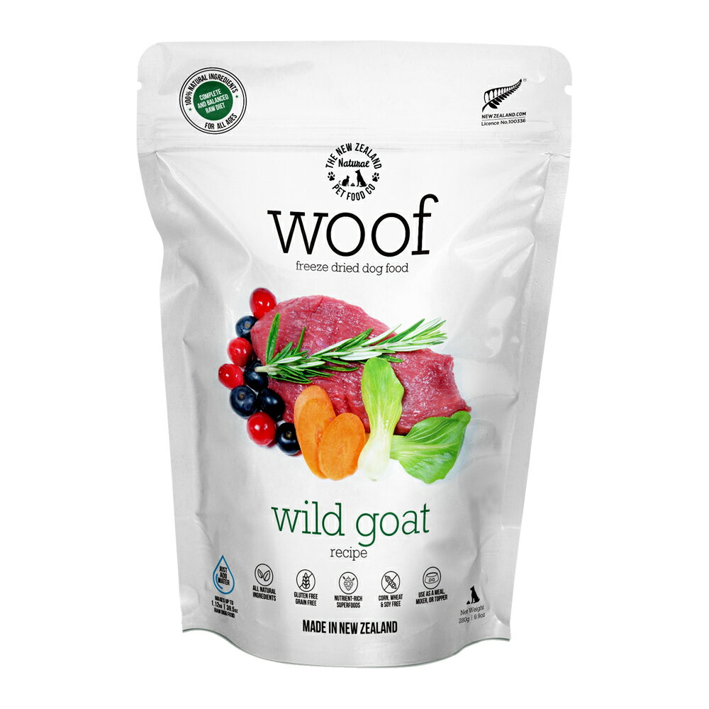 WOOF(ワフ) ワイルドゴート 犬用 50g 商品詳細 鉄分とたん白質を多く含み、飽和脂肪酸が少ない、健康的な赤身肉のヤギ肉を主原料に、各種効果を期待できるマヌカハニー、バージンココナッツオイル、ホキ油、緑イ貝、ケルプを配合。安心のフリーズドライ製法で作りました。 特に食物アレルギーが心配な犬におすすめします。 ・動物性原材料90%以上使用〔woof〕 ・グレインフリー(穀物不使用) ・グルテンフリー(小麦系不使用) ・トウモロコシ・小麦・大豆不使用 【ラムグリーントライプ】 ラムの胃を、洗浄・漂白をしないまま使用しています。 消化酵素や乳酸菌、微生物やプロバイオティクスなど、犬猫にとって有益なものが多く含まれています。 WOOF ラムグリーントライプ with 緑イ貝は、健康な筋肉の発育と皮膚被毛の健康を保つトリーツです。 ラムグリーントライプは、消化の良いタンパク質や天然の消化酵素、プロバイティクス、プレバイオティクスを多く含み、腸の健康を保つのに役立ちます。 自己免疫力を高めるため、食物アレルギーなどを持つ犬に特におすすめします。 緑イ貝は、関節や筋組織などの健康を保つグルコサミン、コンドロイチン、コラーゲンなどを多く含みます。 安心安全のニュージーランド産原材料を ニュージーランドの肥沃な大地に放牧されて育った食用の家畜・家禽、野生の鹿、ブラッシュテイルを使用しています。 飼育時に成長ホルモン、抗生剤、サプリメントなどを使用していません。 ニュージーランドは、2018年6月27日現在、BSEや口蹄疫の発生が確認されていない洗浄国です。 農業先進国のニュージーランドは、畜産物だけでなく、農産物の管理基準も厳格です。ブロッコリー、ニンジン、リンゴ、ケール、チアシード、ローズマリーは人間の食用の物と同等の基準の元管理された新鮮な物を使用しています。 犬は元々肉食動物。猫は現在も肉食動物です。 それぞれの食性に合わせて、WOOFは90%以上、MEOWは97%以上動物性原材料（肉、内臓肉、骨）を使用しています。 穀物だけでなくジャガイモも使用していません。 安心・安全のフリーズドライ製法で調理しました 素材の良さを生かすため、独自のフリーズドライ製法で作られています。 フリーズドライとは、ミックスされた原材料を急速に凍結させた後、真空状態にし、水分を昇華させて乾燥させる製法です。 余分な熱をかけることなく乾燥させることが出来るので、生の原材料に含まれる栄養素をほぼそのまま摂取することが可能です。 またその栄養素の吸収を促進する生きた酵素などをそのまま利用できます。 原材料 骨付きヤギ肉（野生）、ラムグリーンとライプ、ラムレバー、ラムキドニー、チンゲンサイ、ブルーベリー、クランベリー、ケルプ、NZ緑イ貝、NZマヌカハニー、ローズマリー、オーガニックバージンココナッツオイル、ホキ油、ビタミンD3、塩、塩化コリン、亜鉛アミノ酸複合体、鉄アミノ酸複合体、ビタミンE、銅アミノ酸複合体、マンガンアミノ酸複合体、ビタミンB2、ビタミンB1 保証成分 たん白質：54%以上 脂質：27%以上 粗繊維：1.3%以下 水分：3%以下 オメガ3脂肪酸：1.2%以上 代謝カロリー：439.9kcal/100g 与え方 体重2.5kgにつき1日2粒を目安に与えてください。 指でくずして、フードのトッピングとてしも使用できます。 常に新鮮なお水を飲めるようにしておいてください。 原産国 ニュージーランド 輸入元 Furry Friends株式会社