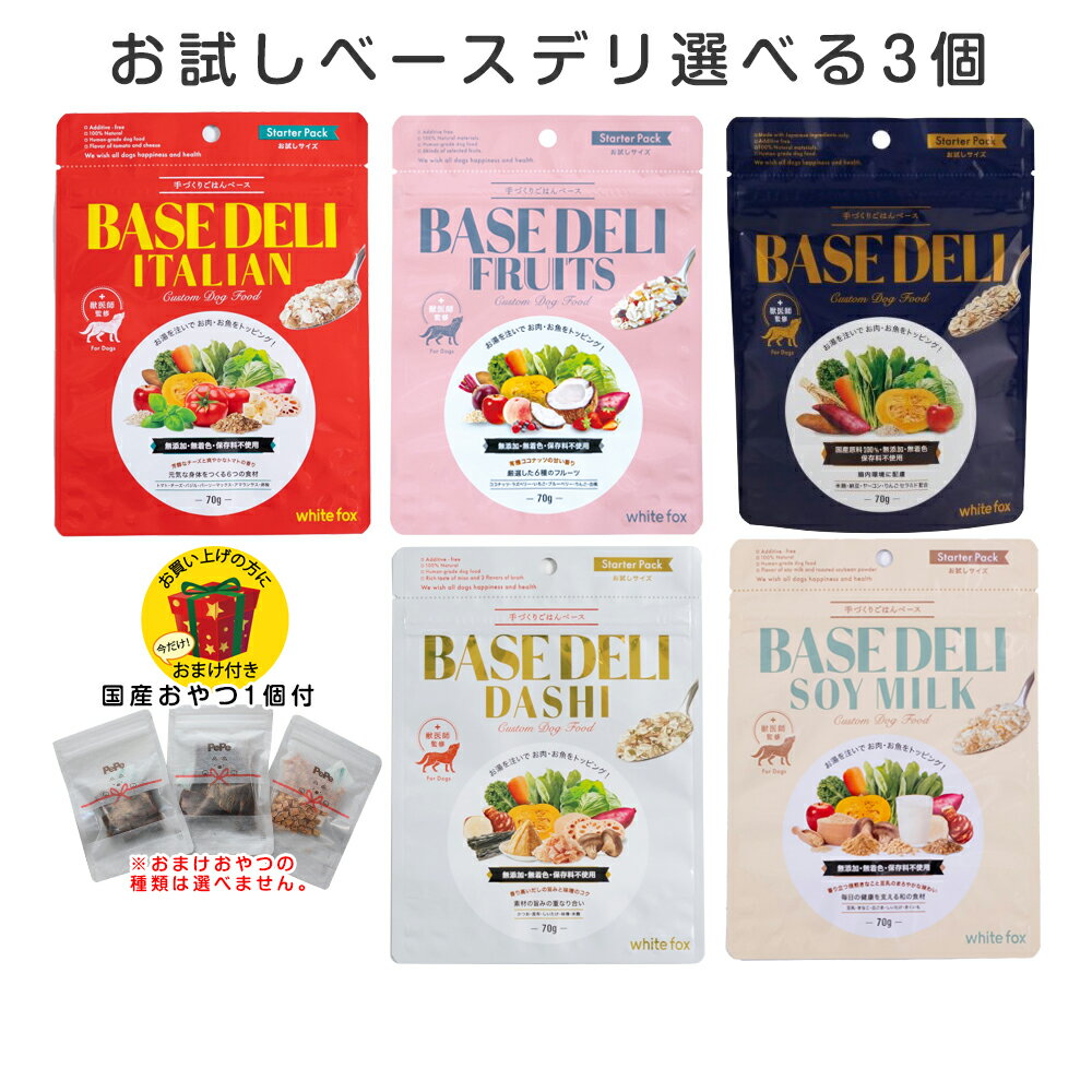 ベースデリ 70g 選べる3個セット（ベーシック、フルーツ、だし、イタリアン、ソイミルク） 国産 無添加 獣医師監修 フレッシュフード ドッグフード アレルギー 手作り ごはん ベース シニア 老犬 ホワイトフォックス BASEDELIのサムネイル