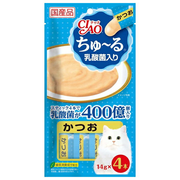 商品の特徴 いなばペットフード SC-232 ちゅ〜る乳酸菌入りかつお 14g×4本 ちゅるっと出して舐めるだけで簡単に水分補給、栄養補給ができる猫用の液状おやつ。おやつとして与えたり、普段のごはんに混ぜたり、お薬を服用するときに混ぜたりと、使用用途はいろいろ。緑茶消臭成分配合で糞尿のにおいを和らげます。 製品仕様 ●原材料:かつお、かつお節エキス、糖類（オリゴ糖等）、殺菌乳酸菌、植物性油脂、増粘安定剤（加工でん粉、増粘多糖類）、ミネラル類（Na、P、Cl）、調味料（アミノ酸）、ミルクカルシウム、ビタミンE、紅麹色素、緑茶エキス●重量:70g●本体サイズ:W110×D20×H210●原産国または製造地:日本●賞味期限:2年 JANコード：4901133718908 ※商品詳細につきましてはメーカーHP等よりご確認下さいますようお願いいたします。※商品のデザイン、仕様は予告なく変更する場合がありますのでご了承ください。