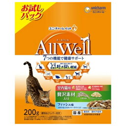 ◇ユニ・チャーム AllWell室内猫用贅沢素材入りフィッシュ味天然小魚とささみフリーズドライ入り 200g