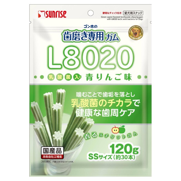 ◇マルカン(サンライズ) SHG-077ゴン太の歯磨き専用ガムSSサイズL8020乳酸菌入り青りんご味120g | ゴン太 歯磨きガム 犬用 青りんご味 デンタルおやつ 犬用おやつ セミハードタイプ 小型犬 ペット用品 犬用食品 しつけおやつ 自然素材 おやつ さわやか お口ケア petforest-10024980 ペットフォレスト 楽天市場店 パッケージ画像