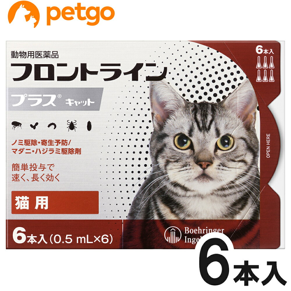 【使用期限：2025年10月以降の商品を出荷させていただきます。】【沖縄県へのお届けは陸送でのお届けとなります。お届けまでに約一週間程度かかりますので、あらかじめご了承ください。】 必ず製品の添付文書をよく読み用法用量を守って正しくご使用ください。フロントライン プラスは、従来のフロントライン同様に、ペットに寄生した成ノミやマダニを速やかに駆除。加えて、新配合の（S）-メトプレンがノミの卵の孵化・発育まで阻止するダブルの効果で、寄生中のノミだけでなく、その繁殖・再寄生を予防します。また、猫のハジラミを駆除する効果も確認されています。 ■効能効果：猫：ノミ、マダニ及びハジラミの駆除ノミ卵の孵化阻害及びノミ幼虫の変タイ阻害によるノミ寄生予防 ■用法用量：8週齢以上の猫の肩甲骨間背部の被毛を分け、皮膚上の1部位にピペット全量を滴下する。 ■使用上の注意：一般的注意（1）本剤は効能・効果において定められた目的にのみ使用すること。（2）本剤は定められた用法・用量を厳守すること。（3）本剤は獣医師の指導の下で使用すること。（4）猫以外の動物には使用しないこと。特にウサギには使用しないこと。猫に対する注意1.制限事項（1）衰弱、高齢、妊娠中あるいは授乳中の猫には、慎重に投与すること。（2）本剤使用後2日間は、水浴あるいはシャンプーを控えることが望ましい。2.副作用（1）もし、動物が舐めた場合、溶媒の性状のため一過性の流涎が観察されることがある。そのため、滴下部位を他の動物が舐めないように注意すること。（2）まれに、他の外用殺虫剤と同様に本剤の使用後、個体差による一過性の過敏症（投与部位の刺激によるそう痒、発赤、脱毛）が起こることがある。もし、症状が持続または悪化する場合は、直ちに獣医師に相談すること。 ■保管上の注意：（1）小児の手の届かないところに保管すること。（2）直射日光を避け、なるべく湿気の少ない涼しいところに保管すること。 ■主成分：1mL中フィプロニル 100.0mg（S）－メトプレン 120.0mg ■JANコード：4987743500393 ■原産国：フランス ■メーカー：ベーリンガーインゲルハイム ■区分：動物用医薬品 ■広告文責：ペットゴー株式会社　0120-958-046 ■更新日時：2024/05/31 16:40:31 ＜免責事項＞本サイトに掲載されている商品情報は、商品パッケージやカタログ、またはメーカーから提供された情報に基づくものであり、その内容について当社は責任を負いかねます。これらについてのお問い合わせはメーカーに直接行っていただきますようお願いいたします。また、メーカーによる仕様変更に伴い商品の表記と実際の仕様が異なる場合がございます。