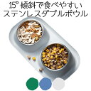 【あす楽】犬 猫 フードボウル 食器 給水器 ステンレス ダブルボウル 傾斜 斜め 高さ 丈夫 おしゃれ 安心素材 丸洗いOK トレー　食べこぼしにくい くすみカラー Petifam トレー付きステンレスダブルボウル グリーン ブルー グレー