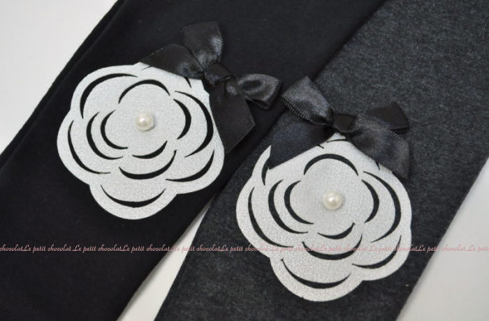 【メール便OK】上品なカメリアとパールが素敵ストレッチ レギンス スパッツブラック（黒）・チャコールグレー100cm 110cm 120cm 130cm 140cm 150cm【韓国 子供服】 【韓国子供服】 キッズ　女の子 プチショコラ x1x