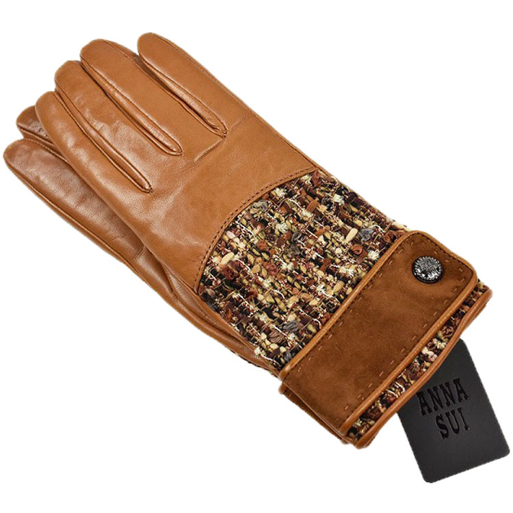 アナスイ 手袋 レディース イタリア製 革 皮 レザー 暖かい かわいい 自転車 防寒 ブランド ハイブランド ANNA SUI ツイード キャメル 茶 21c...