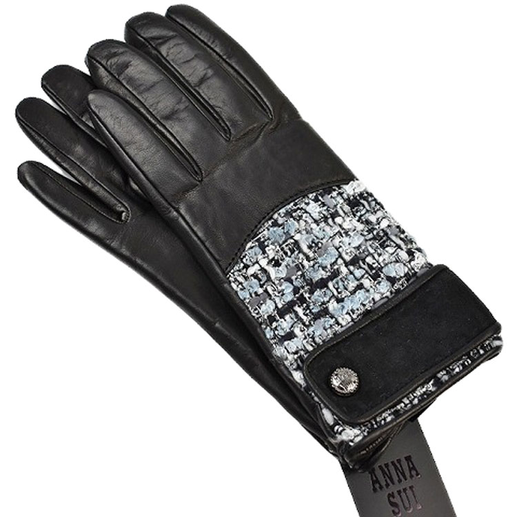 アナスイ 手袋 レディース イタリア製 革 皮 レザー 暖かい かわいい 自転車 防寒 ブランド ハイブランド ANNA SUI ツイード ブラック 黒 20c...