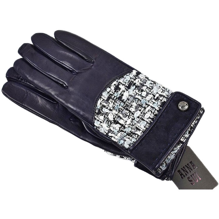 アナスイ 手袋 レディース イタリア製 革 皮 レザー 暖かい かわいい 自転車 防寒 ブランド ハイブランド ANNA SUI ツイード ネイビー 紺 21c...