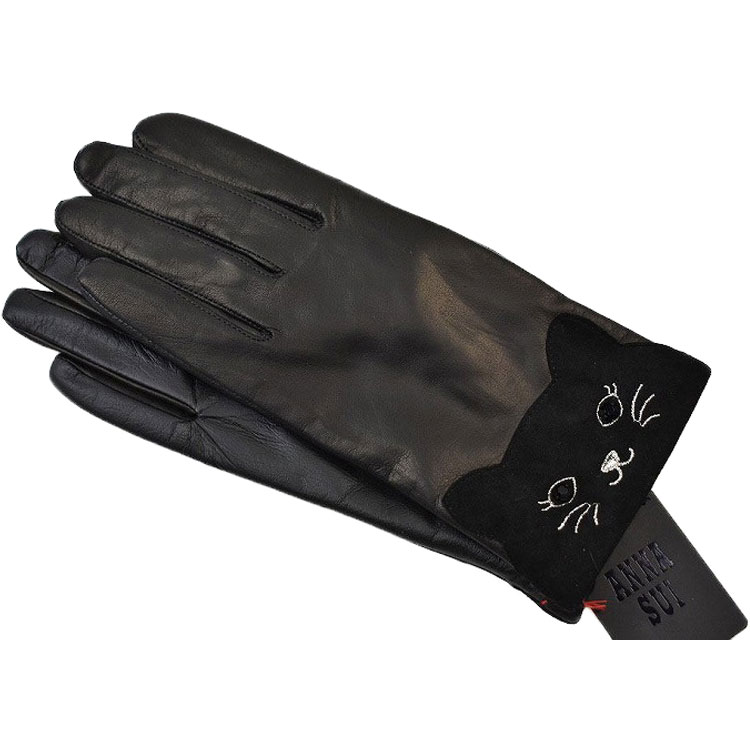 アナスイ 手袋 レディース 革 皮 ラムレザー 暖かい かわいい 自転車 防寒 ブランド ハイブランド ANNA SUI キャット ネコ ねこ 刺繍 ストーン ...