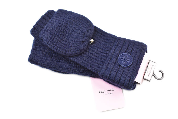 ケイト スペード ニューヨーク 手袋 レディース ブランド kate spade NEW YORK フード付 ニット 指なし 刺繍 フィンガーレス ネイビー 女性 婦人 母の日 KS21570-1