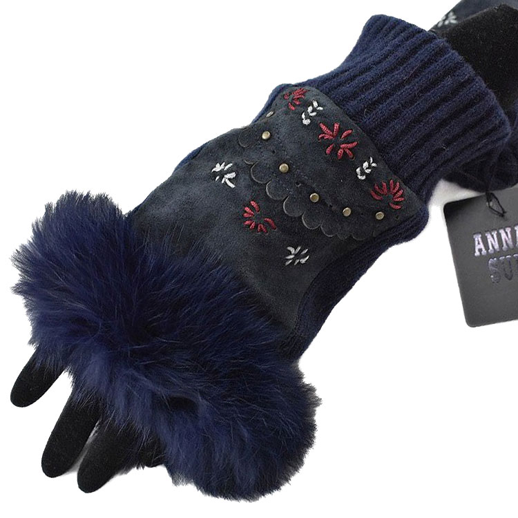 アナスイ 手袋 レディース ブランド ANNA SUI 指なし ニット レザー ステッチ デザイン 紺 ネイビー 21cm 女性 婦人 グローブ 防寒 ホワイト...