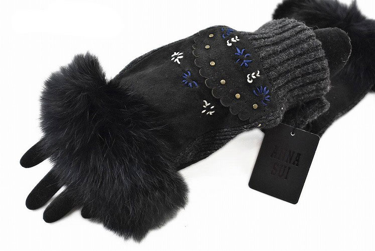 アナスイ 手袋 レディース ブランド ANNA SUI 指なし ニット レザー ステッチ デザイン 黒 ブラック 21cm 女性 婦人 グローブ 防寒 x1x ホワイトデー