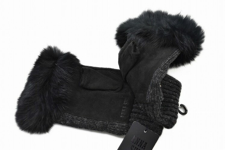 アナスイ 手袋 レディース ブランド ANNA SUI 指なし ニット レザー ステッチ デザイン 黒 ブラック 21cm 女性 婦人 グローブ 防寒 x1x ホワイトデー