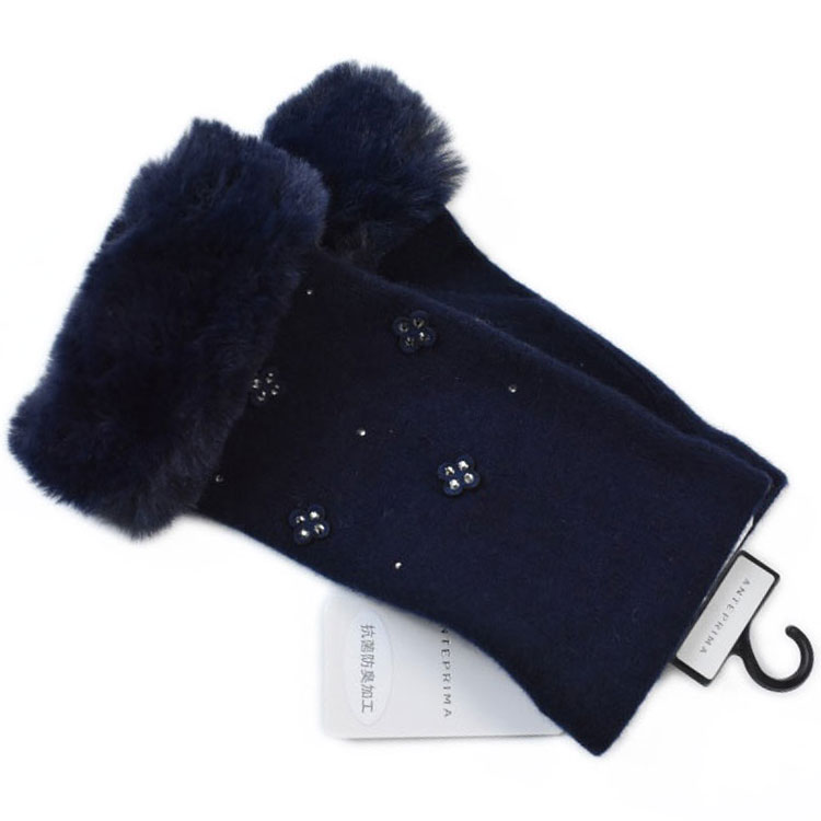 アンテプリマ 手袋 レディース ブランド ANTEPRIMA 指なし手袋 ウール カシミヤ混 ラインストーン フィオーリ フェイクファー 紺 ネイビー 21-2...