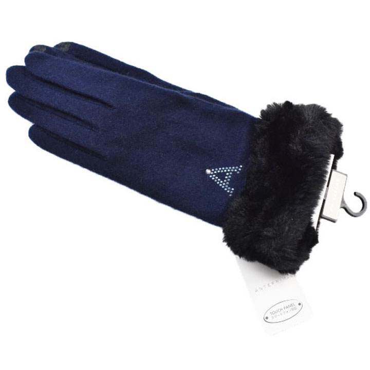 アンテプリマ 手袋 レディース ブランド ANTEPRIMA ウール カシミヤ混 フェイクファー ロゴ ラインストーン 紺 ネイビー × 黒 ブラック スマホ対...