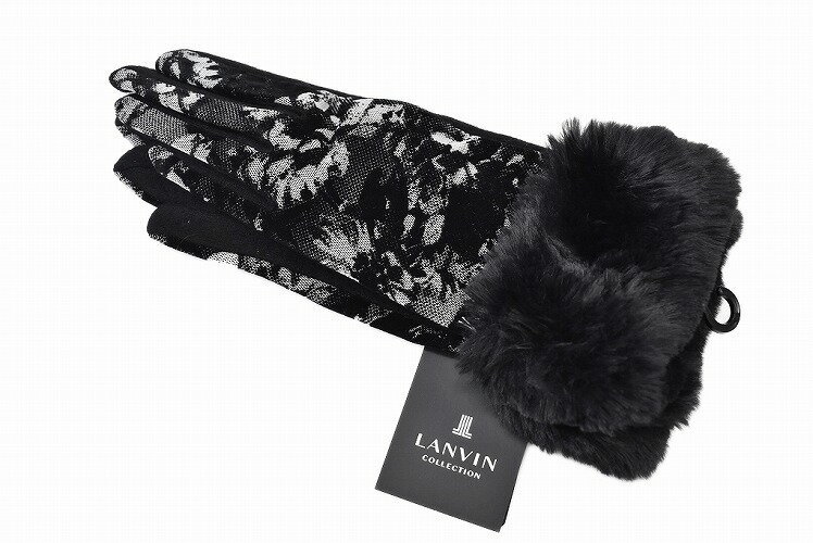 ランバン コレクション 手袋 レディース ブランド LANVIN COLLECTION ウール カシミヤ混 フェイクファー フラワー デザイン スマホ対応 黒 ブラック 21-22 cm 女性 婦人 グローブ 防寒 カシミア
