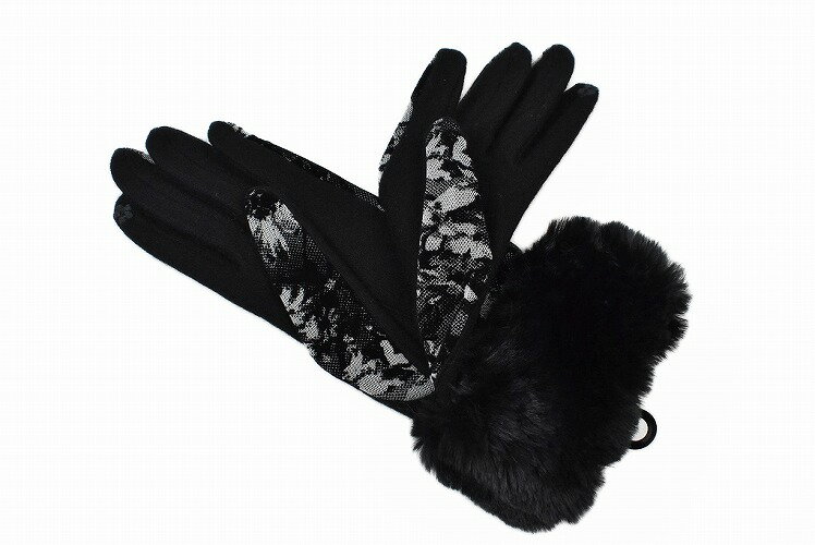 ランバン コレクション 手袋 レディース ブランド LANVIN COLLECTION ウール カシミヤ混 フェイクファー フラワー デザイン スマホ対応 黒 ブラック 21-22 cm 女性 婦人 グローブ 防寒 カシミア