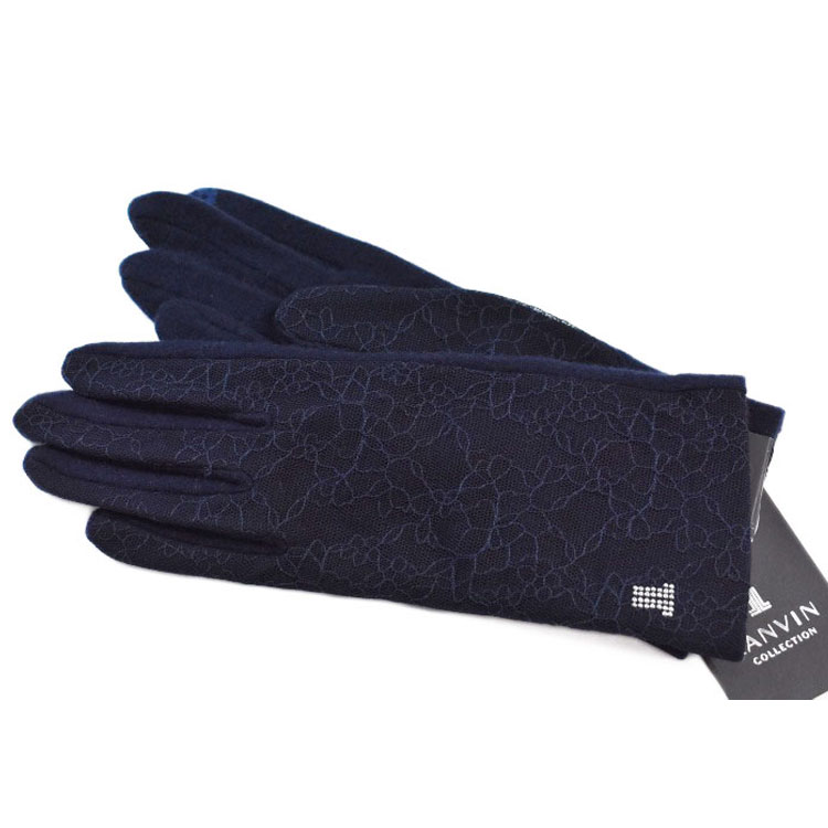 ランバン コレクション 手袋 レディース ブランド LANVIN COLLECTION カシミヤ混 エンブロイダリー レース スマホ対応 紺 ネイビー 21cm...