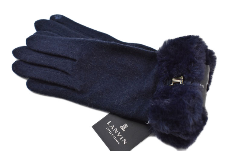 ランバン コレクション 手袋 レディース ブランド LANVIN COLLECTION ウール混 フェイクファー ロゴ リボンベルト デザイン スマホ対応 紺 ネイビー 21-22 cm 女性 婦人 20代 30代 40代 50代 おしゃれ 暖かい かわいい グローブ 防寒