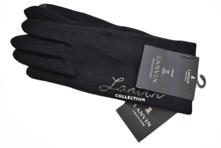 ランバン コレクション 手袋 レディース ブランド LANVIN COLLECTION ウール混 ラインストーン ロゴ デザイン スマホ対応 黒 ブラック 21-22cm 女性 婦人 20代 30代 40代 50代 グローブ 防寒