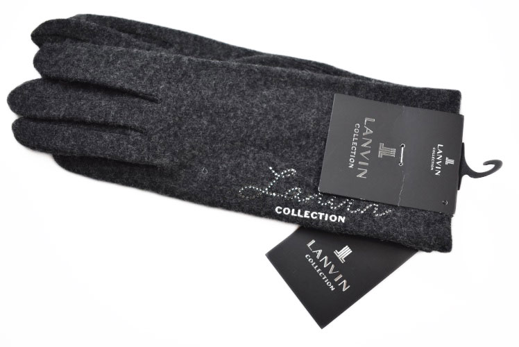 ランバン コレクション 手袋 レディース ブランド LANVIN COLLECTION ウール混 ラインストーン ロゴ デザイン スマホ対応 チャコール グレー 21-22cm 女性 婦人 20代 30代 40代 50代 グローブ 防寒