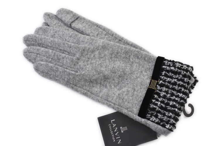 ランバン コレクション 手袋 レディース ブランド LANVIN COLLECTION ウール混 ツイード カフス ベロア リボン ベルト 指先スリット スマホ対応 グレー 21-22cm 女性 婦人 20代 30代 40代 50代 おしゃれ グローブ 防寒