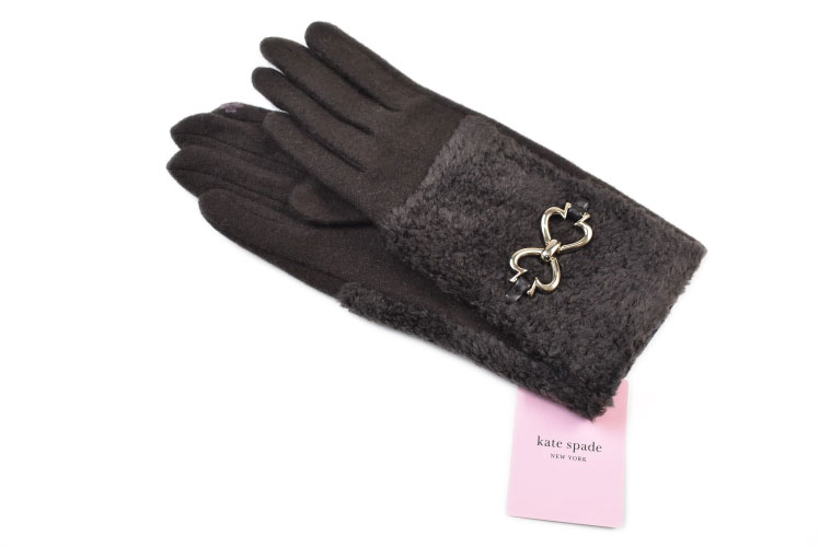 ケイトスペード ニューヨーク 手袋 レディース ブランド kate spade NEW YORK ウール カシミヤ 混 ボア スペード リボン ベルト スマートフォン対応 茶 ダーク ブラウン 21-22cm 女性 婦人 グローブ 防寒 カシミア
