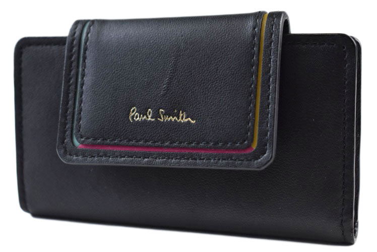 ポールスミス キーケース 4連 レディース ブランド Paul Smith スワール カラー ライン アクセント 専用箱付 黒 ブラック 女性 婦人 本革 BPW081 訳あり