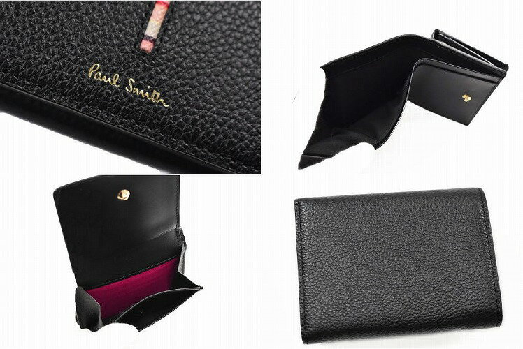 ポールスミス ミニ財布 三つ折り 財布 コンパクト レディース ブランド Paul Smith インセットクロスオーバー ストライプ フラップ 専用箱付 黒 ブラック 女性 婦人 本革 PWD653