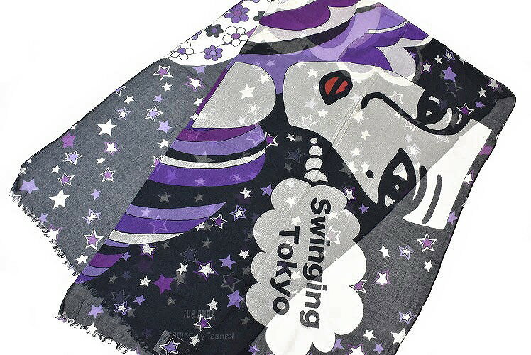 アナスイ 薄手 ストール レディース ブランド ANNA SUI × KANSAI YAMAMOTO コラボ カシミヤ混 Swinging Tokyo 寛斎ガール スター デザイン 濃紺 ネイビー 女性 婦人