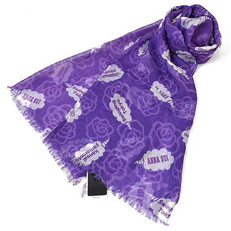アナスイ 薄手 ストール レディース ブランド ANNA SUI × KANSAI YAMAMOTO コラボ カシミヤ混 Swinging Tokyo ローズ バラ デザイン パープル 女性 婦人