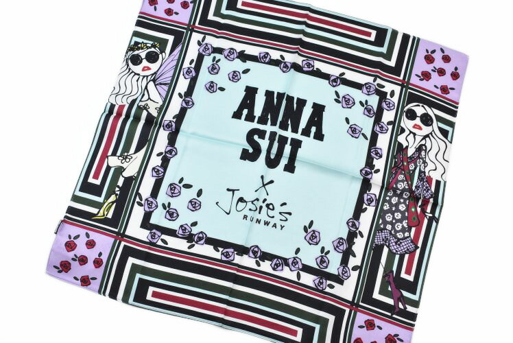 アナスイ 薄手 スカーフ スクエア 正方形 レディース ブランド ANNA SUI × Josie's RUNWAY コラボ シルク混 ローズ バラ ブロック デザイン ペール グリーン 女性 婦人 薄手 春 夏 絹 n1n
