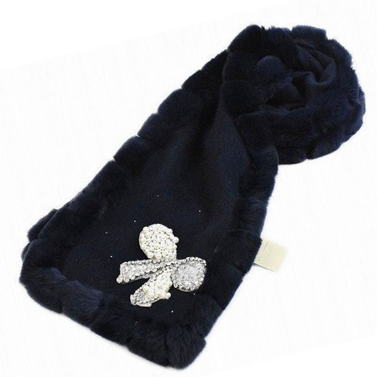 アンテプリマ マフラー レディース ブランド ANTEPRIMA カシミヤ混 レッキスラビットファー ビジュー スパンコール パール リボンモチーフ デザイン 紺 ネイビー 女性 婦人 カシミア x1x ホワイトデー