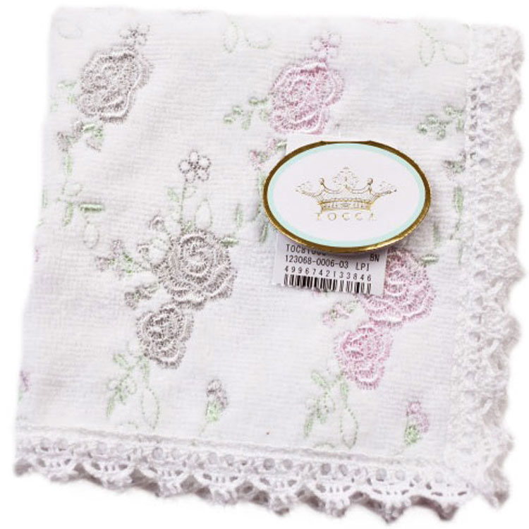トッカ タオルハンカチ ハンカチ 1枚 レディース ブランド TOCCA 白 ホワイト × ピンク × ライト グレー ローズ フラワー 刺繍 レース 女性 婦人 ハンドタオル