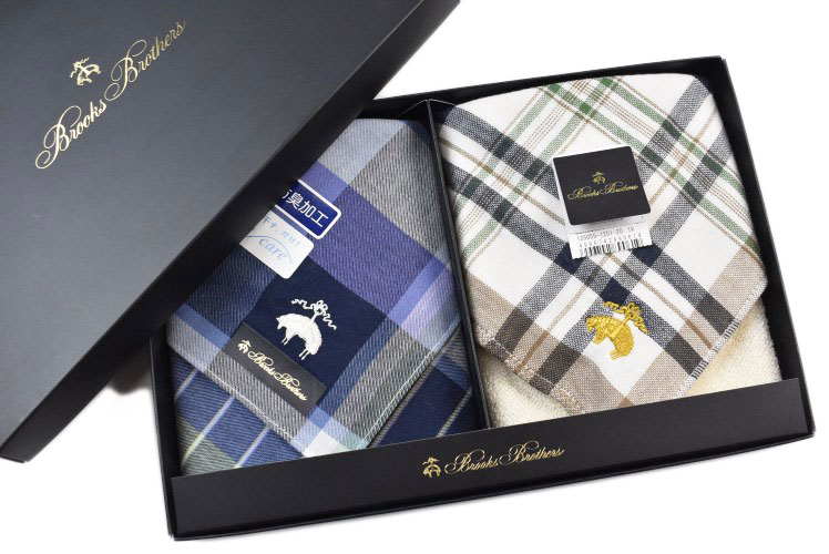 ブルックス ブラザーズ ハンカチ タオルハンカチ 2枚セット メンズ ブランド BROOKS BROTHERS 専用箱付 紺 ネイビー × パープル グリーン チェック ・ 白 アイボリー × 茶 ブラウン 紺 ネイビー グリーン チェック 男性 紳士