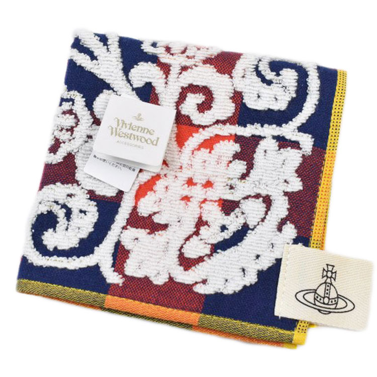 ヴィヴィアン ウエストウッド タオルハンカチ 1枚 レディース ブランド Vivienne Westwood ネイビー オレンジ ブロック チェック 白 ホワイト フラワー デザイン ロゴ 女性 婦人 ハンドタオル