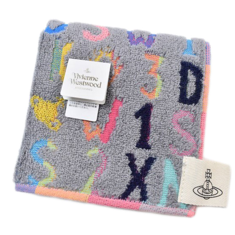 ヴィヴィアン ウエストウッド タオルハンカチ 1枚 レディース ブランド Vivienne Westwood グレー マルチカラー アルファベット デザイン ロゴ 女性 婦人 ハンドタオル