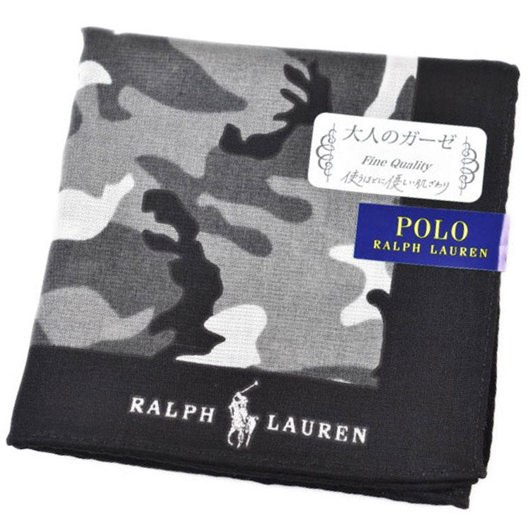 ポロ ラルフローレン ガーゼ ハンカチ 1枚 メンズ 綿 ブランド ハイブランド POLO Ralph Lauren 黒 ブラック × グレー 迷彩 カモフラ ロゴ ガーゼハンカチ ガーゼ素材 男性 紳士 父の日 実用的 20代 30代 40代 50代 60代 70代 プレゼント ギフト おしゃれ ポイント消化