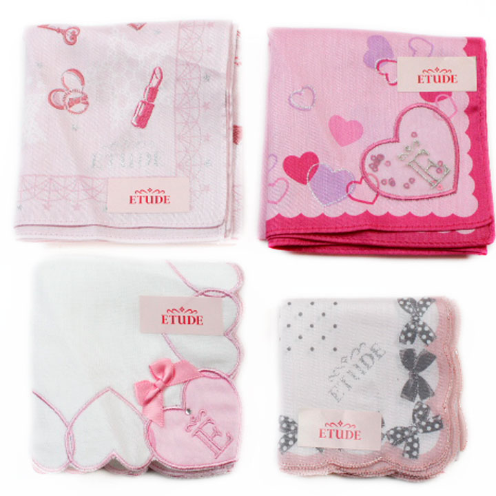 エチュード ハンカチ ミニハンカチ 4枚セット レディース ブランド ETUDE ピンク ホワイト コスメ ハート リボン デザイン 女性 婦人 母の日 20代 30代 40代 50代 60代 70代 おしゃれ かわいい ポイント消化
