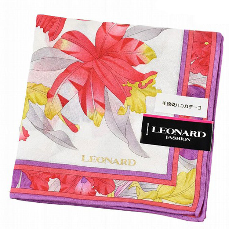 レオナール 大判 ハンカチ シルク 混 レディース 1枚 ブランド LEONARD フラワー 花 リーフ プリント 白 ホワイト レッド 女性 婦人 プレゼント ギフト お礼の品 20代 30代 40代 50代 60代 かわいい 大人 可愛い ハンカチギフト プチギフト 母の日 ハンカチーフ