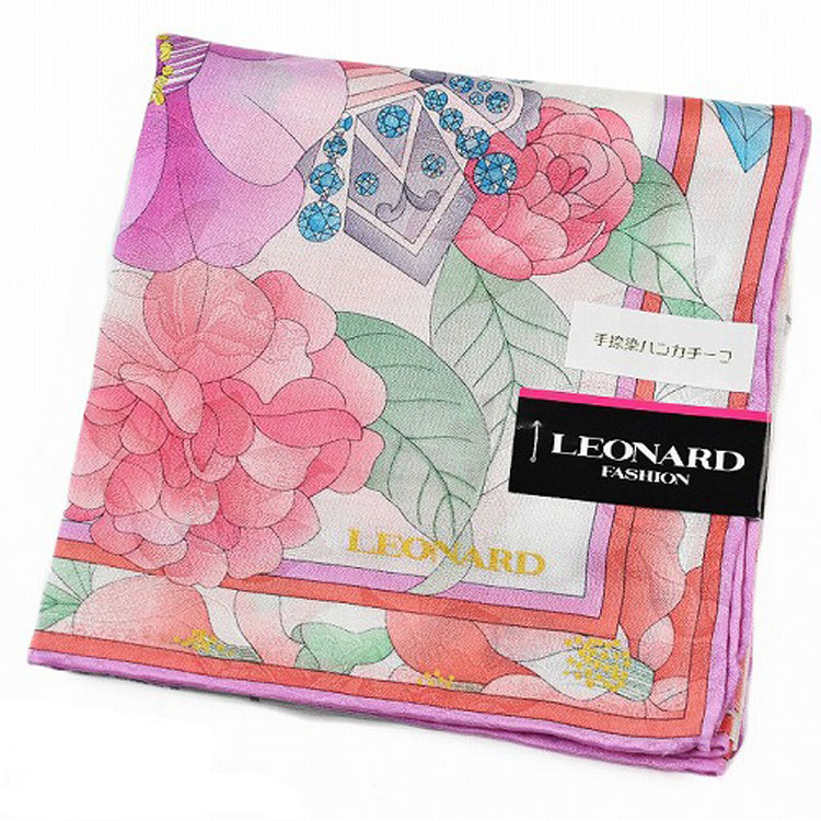レオナール 大判 ハンカチ シルク 混 レディース 1枚 ブランド LEONARD フラワー 花 白 ホワイト オレンジ パープル 女性 婦人 プレゼント ギフト お礼の品 20代 30代 40代 50代 60代 かわいい 大人 可愛い ハンカチギフト プチギフト 母の日 ハンカチーフ